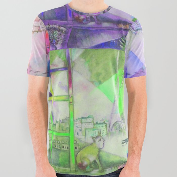 Marc Chagall, 1913, Paris par la fenêtre (Paris Through the Window), oil on canvas, alternate 4-color collage no. 2 landscape cityscape Paris painting All Over Graphic Tee