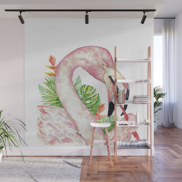 Flamingo brushing teeth bath watercolor  Wall Mural