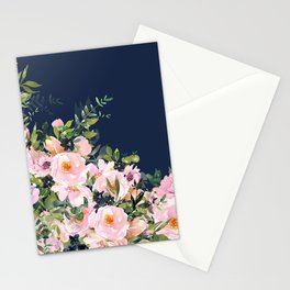 Boho, Floral Watercolor, Roses, Navy Blue and Pink Stationery Card