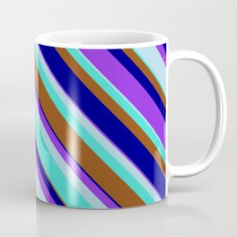 [ Thumbnail: Eyecatching Purple, Light Blue, Turquoise, Brown & Blue Colored Striped Pattern Coffee Mug ]