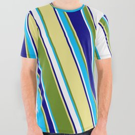 [ Thumbnail: Eyecatching Green, Deep Sky Blue, White, Blue, and Tan Colored Stripes/Lines Pattern All Over Graphic Tee ]