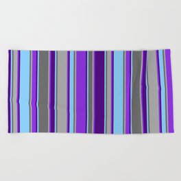 [ Thumbnail: Eye-catching Light Sky Blue, Indigo, Purple, Dark Gray & Dim Grey Colored Lines Pattern Beach Towel ]