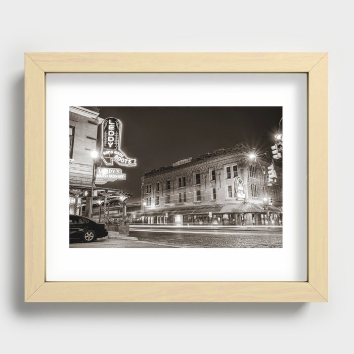 Fort Worth Stockyards Skyline And Leddy Boots Neon - Sepia Edition Recessed Framed Print