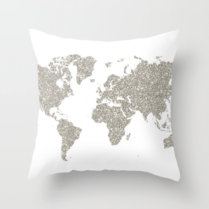 Silver Sparkly Glitter World Map Throw Pillow By Blursbyaishop