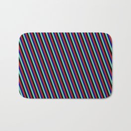 [ Thumbnail: Aquamarine, Black, Red, and Blue Colored Stripes/Lines Pattern Bath Mat ]