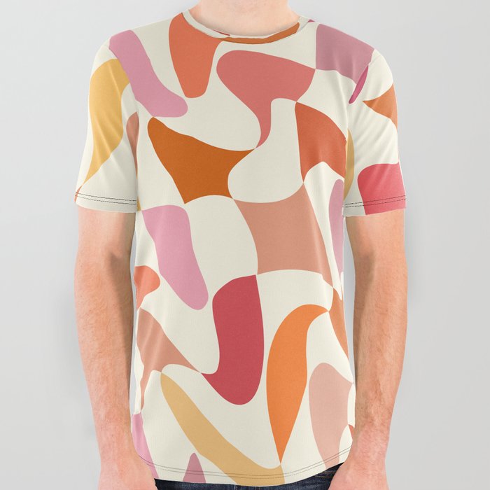 Abstract Wavy Checkerboard in Orange, Pink & Yellow All Over Graphic Tee