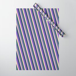 [ Thumbnail: Vibrant Sea Green, Purple, Dark Grey, Tan, and Midnight Blue Colored Pattern of Stripes Wrapping Paper ]