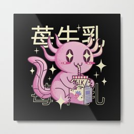 Kawaii Axolotl Drinking Strawberry Milk Metal Print