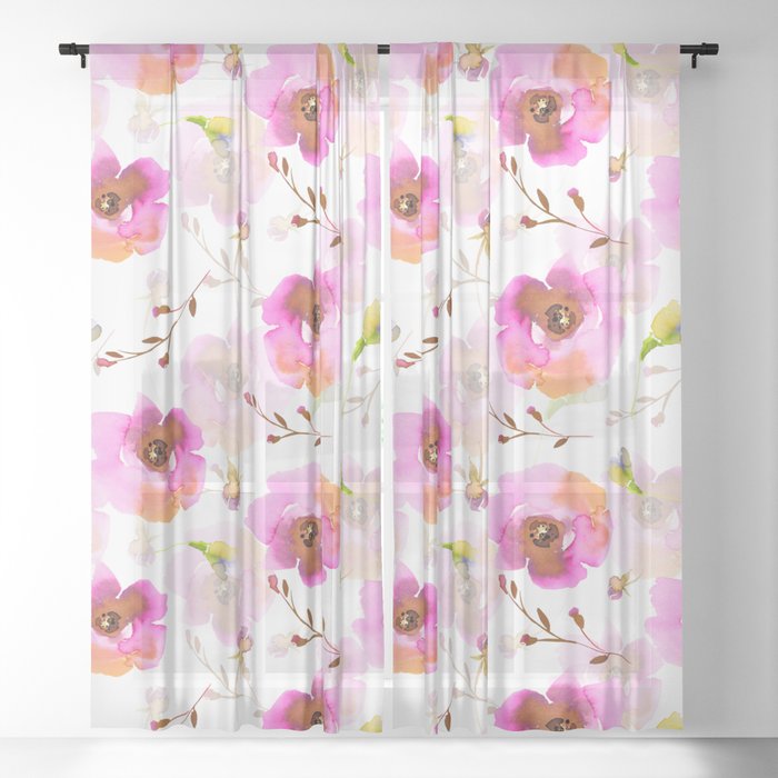 Pink Little Watercolor Spring Florals Sheer Curtain