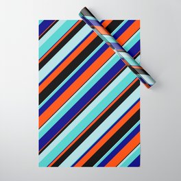 [ Thumbnail: Eye-catching Powder Blue, Turquoise, Blue, Red, and Black Colored Lined/Striped Pattern Wrapping Paper ]