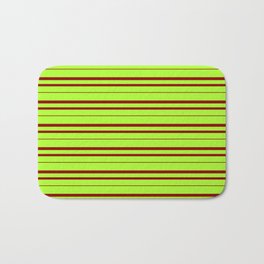 [ Thumbnail: Light Green and Dark Red Colored Lined Pattern Bath Mat ]