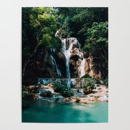 Beautiful Turquoise waterfall in jungle | Kuang Si Falls Laos | Asia Travel Photography Art Photo Print Poster
