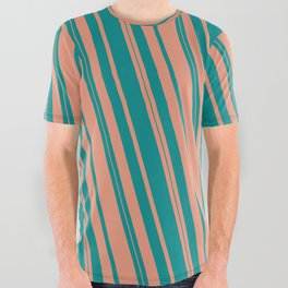 [ Thumbnail: Dark Cyan and Dark Salmon Colored Lined/Striped Pattern All Over Graphic Tee ]