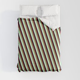 [ Thumbnail: Brown, Light Green, White & Black Colored Lined Pattern Duvet Cover ]