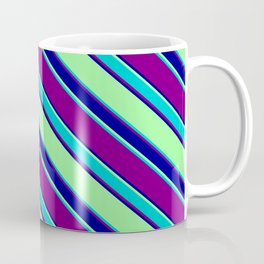 [ Thumbnail: Green, Dark Turquoise, Purple, and Dark Blue Colored Striped Pattern Coffee Mug ]