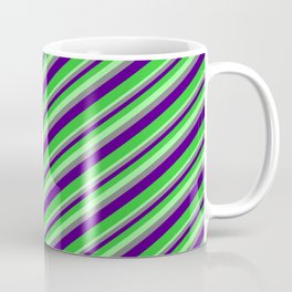 [ Thumbnail: Green, Gray, Indigo, and Lime Green Colored Stripes Pattern Coffee Mug ]
