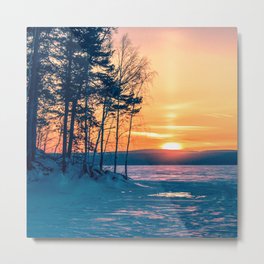 Winter sunset and the sun pillar Metal Print