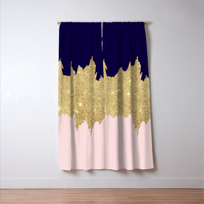 Modern navy blue blush pink gold glitter brushstrokes Blackout Curtain