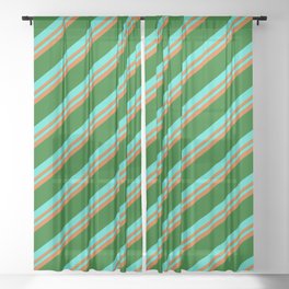 [ Thumbnail: Turquoise, Chocolate & Dark Green Colored Stripes Pattern Sheer Curtain ]