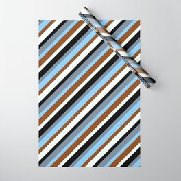 [ Thumbnail: Eye-catching Light Slate Gray, Light Sky Blue, Brown, Mint Cream, and Black Colored Lined Pattern Wrapping Paper ]