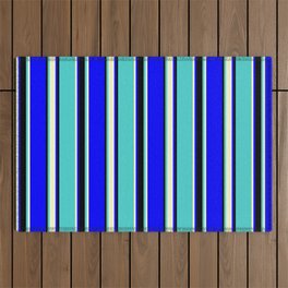 [ Thumbnail: Blue, Light Yellow, Turquoise, and Black Colored Striped/Lined Pattern Outdoor Rug ]