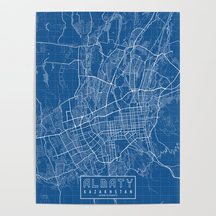 Almaty City Map of Kazakhstan - Blueprint Poster