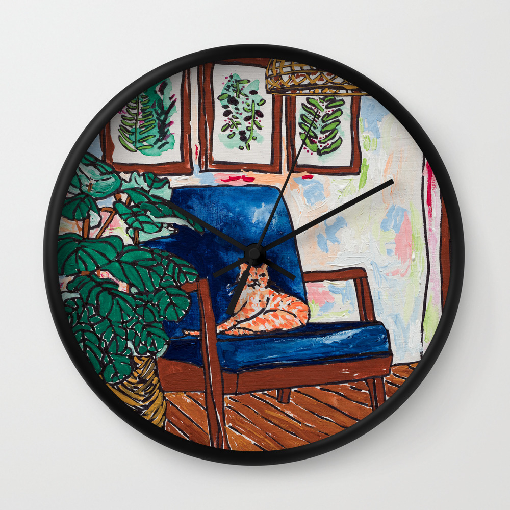 Ginger Cat On Blue Mid Century Chair Painting Wall Clock