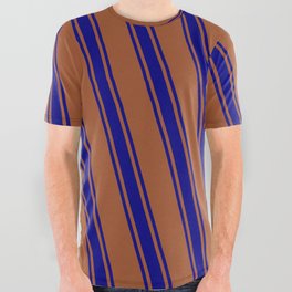 [ Thumbnail: Sienna and Blue Colored Lines/Stripes Pattern All Over Graphic Tee ]
