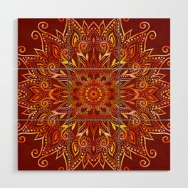 Earthy Red Mandala with Golden Flames Wood Wall Art