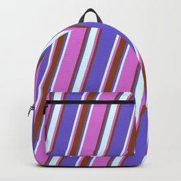 [ Thumbnail: Orchid, Brown, Slate Blue, and Light Cyan Colored Stripes Pattern Backpack ]