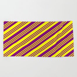 [ Thumbnail: Purple and Yellow Colored Lined Pattern Beach Towel ]
