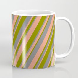 [ Thumbnail: Grey, Dark Salmon & Green Colored Stripes/Lines Pattern Coffee Mug ]