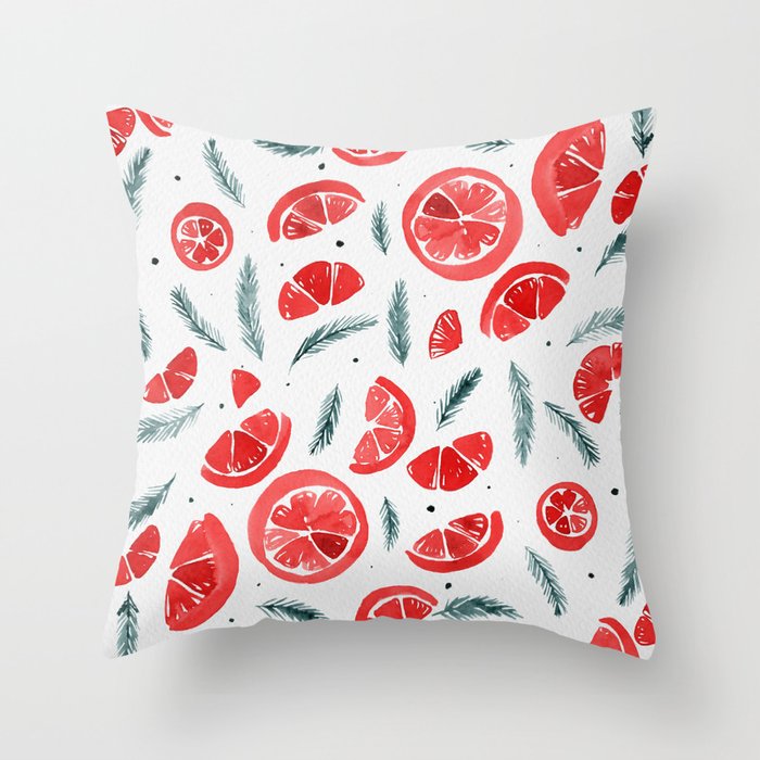 Watercolor oranges and pines - red and teal Throw Pillow