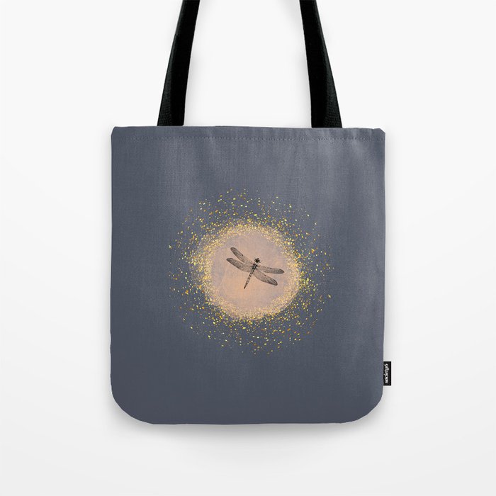 Sketched Dragonfly and Gold Circle Frame on Dark Gray Tote Bag