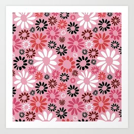Retro Floral Pattern In Pink, White, Red, Black Art Print