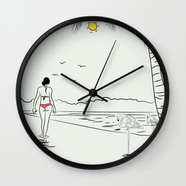 woman and flamingo on the beach Wall Clock