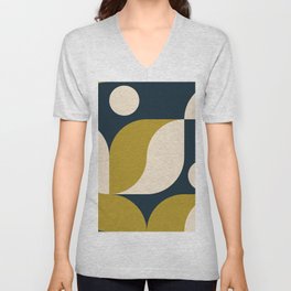 Modern vintage abstract geometric background with circles, rectangles and squares in retro scandinavian style. Pastel colored simple shapes graphic pattern.  V Neck T Shirt