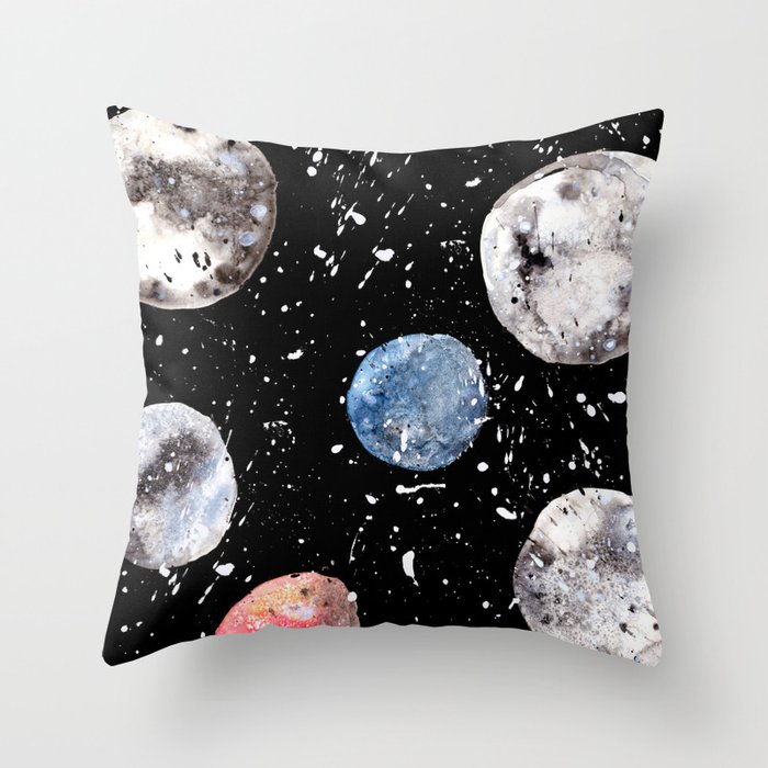 Many Moons Watercolor Planets Solar System Galaxy Universe Cosmic Outerspace Throw Pillow By Patricehorvath
