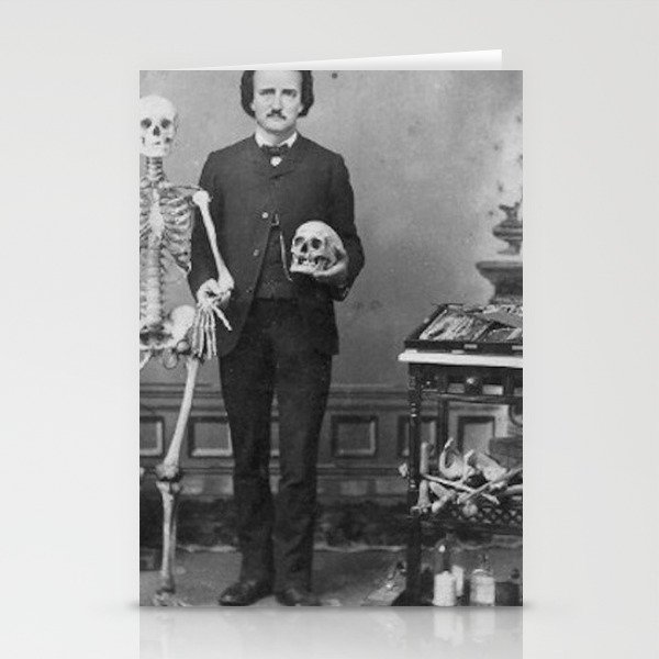 Edgar Allan Poe with Skull and Skeleton macabre black and white photograph Stationery Cards