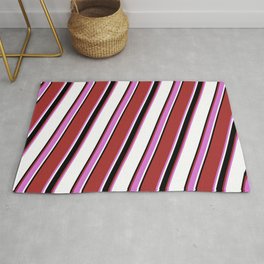 [ Thumbnail: Brown, Orchid, White & Black Colored Pattern of Stripes Rug ]