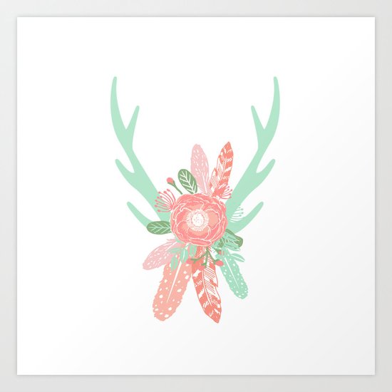 Deer antler florals flower bouquet with antlers minimal boho nursery art decor Art Print