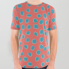 Living Coral and Turquoise, Teal Polka Dots All Over Graphic Tee