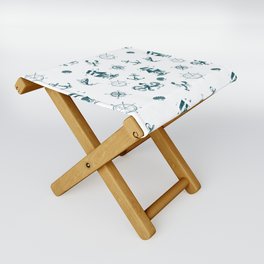 Teal Blue Silhouettes Of Vintage Nautical Pattern Folding Stool