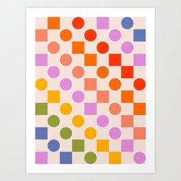 Bold Playful Checks and Dots Pattern - Rainbow colours Art Print