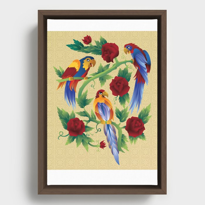 Parrots and Roses Framed Canvas