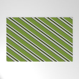 [ Thumbnail: Green, Light Grey, and Black Colored Pattern of Stripes Welcome Mat ]