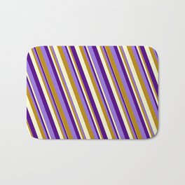 [ Thumbnail: Indigo, Purple, Dark Goldenrod & Light Yellow Colored Lined Pattern Bath Mat ]