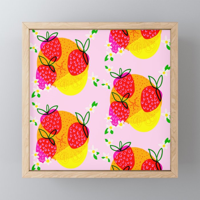  Citrus Strawberries And Blossoms Retro Modern Scandi Hot Pink And Green Mid-Century Red Colorful Scattered Tropical Illustrated Lemon Yellow And Orange Fruit Food Pattern Framed Mini Art Print