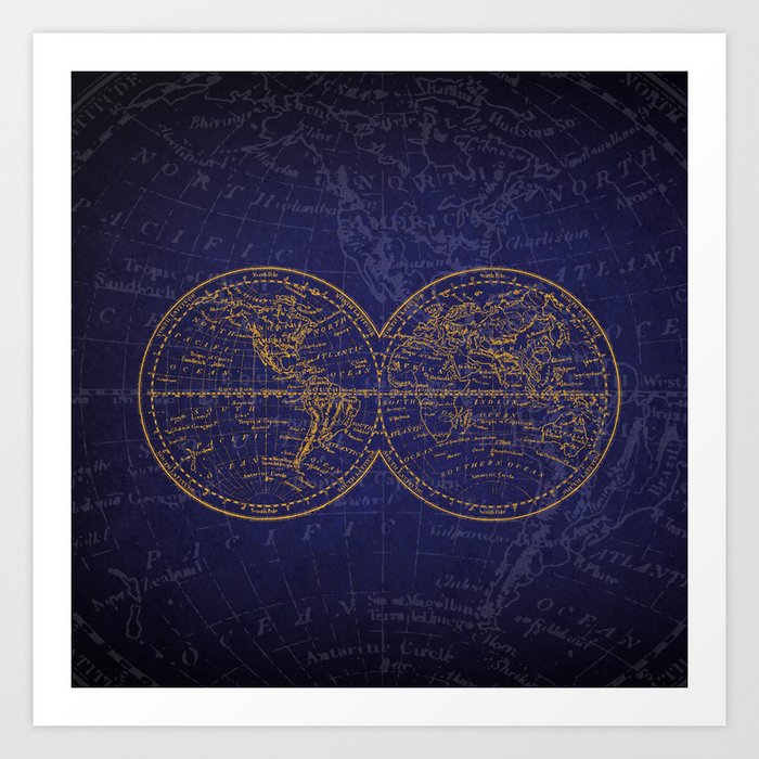 Antique Navigation World Map In Blue And Gold Art Print By