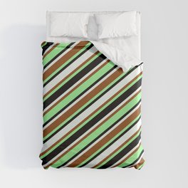[ Thumbnail: Brown, Green, Black & Mint Cream Colored Lines/Stripes Pattern Duvet Cover ]